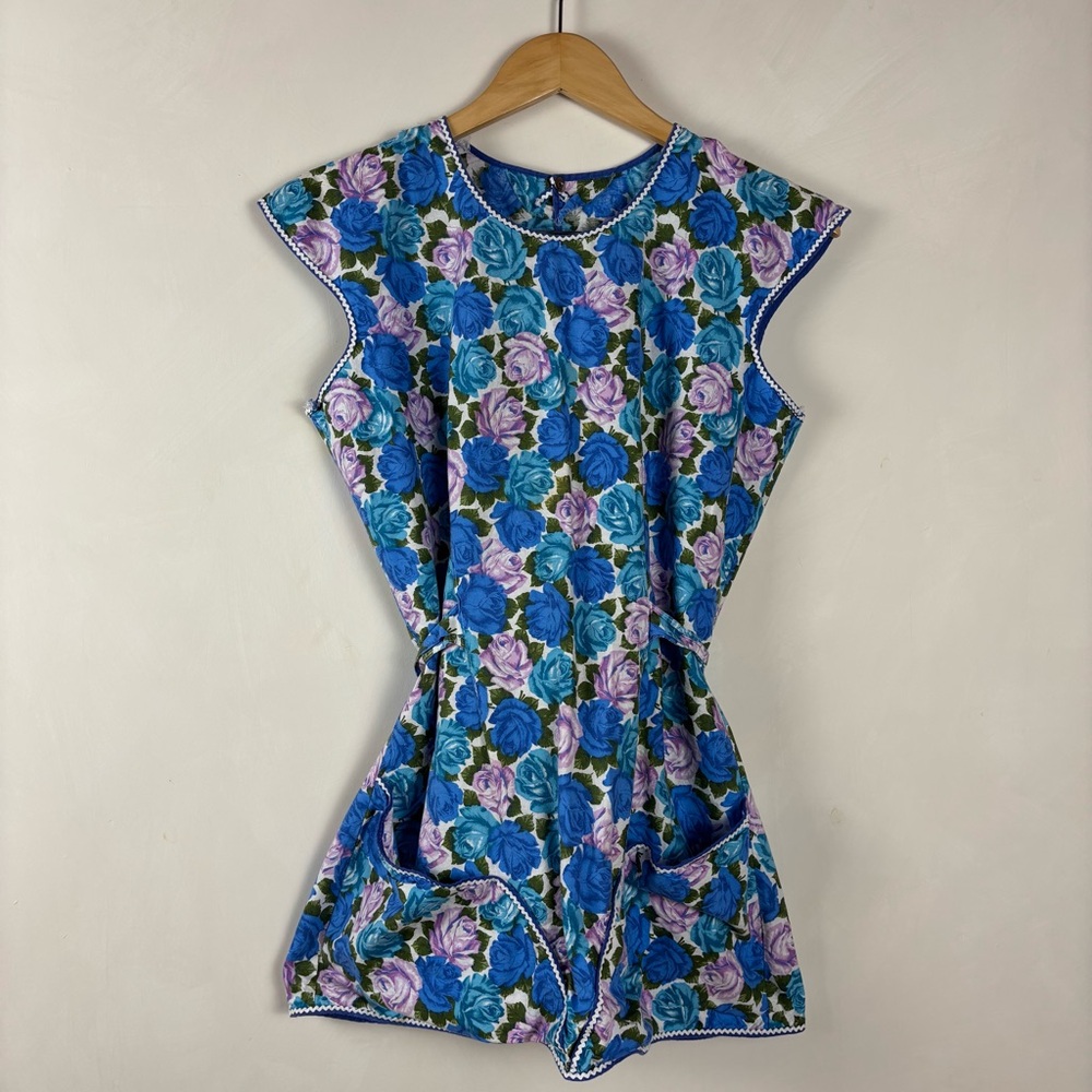Vintage Handmade Blue Floral Women’s Apron One Size Baking Cottagecore